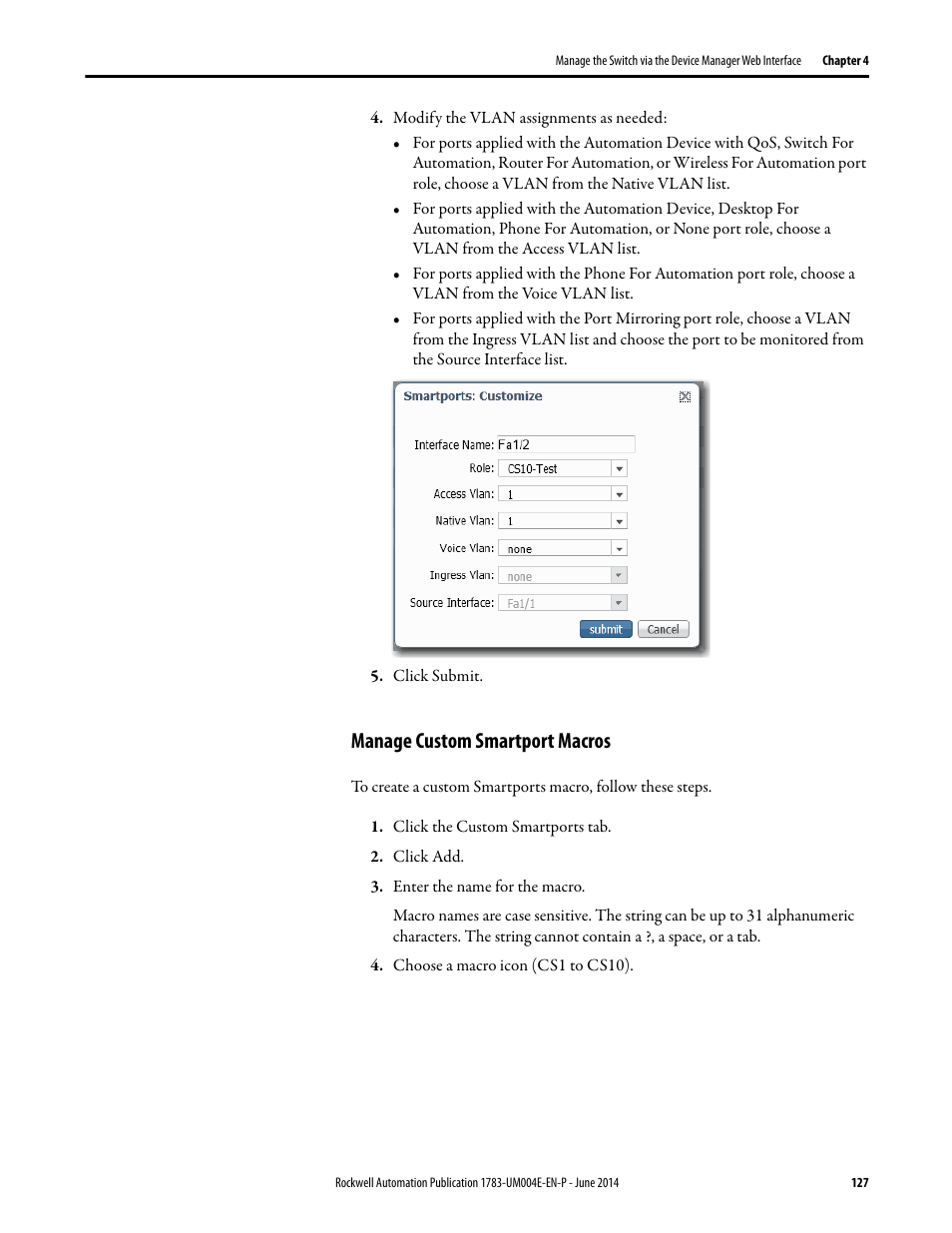 Manage custom smartport macros | Rockwell Automation 1783-BMxxx Stratix 5700 Ethernet Managed Switches User Manual User Manual | Page 127 / 294