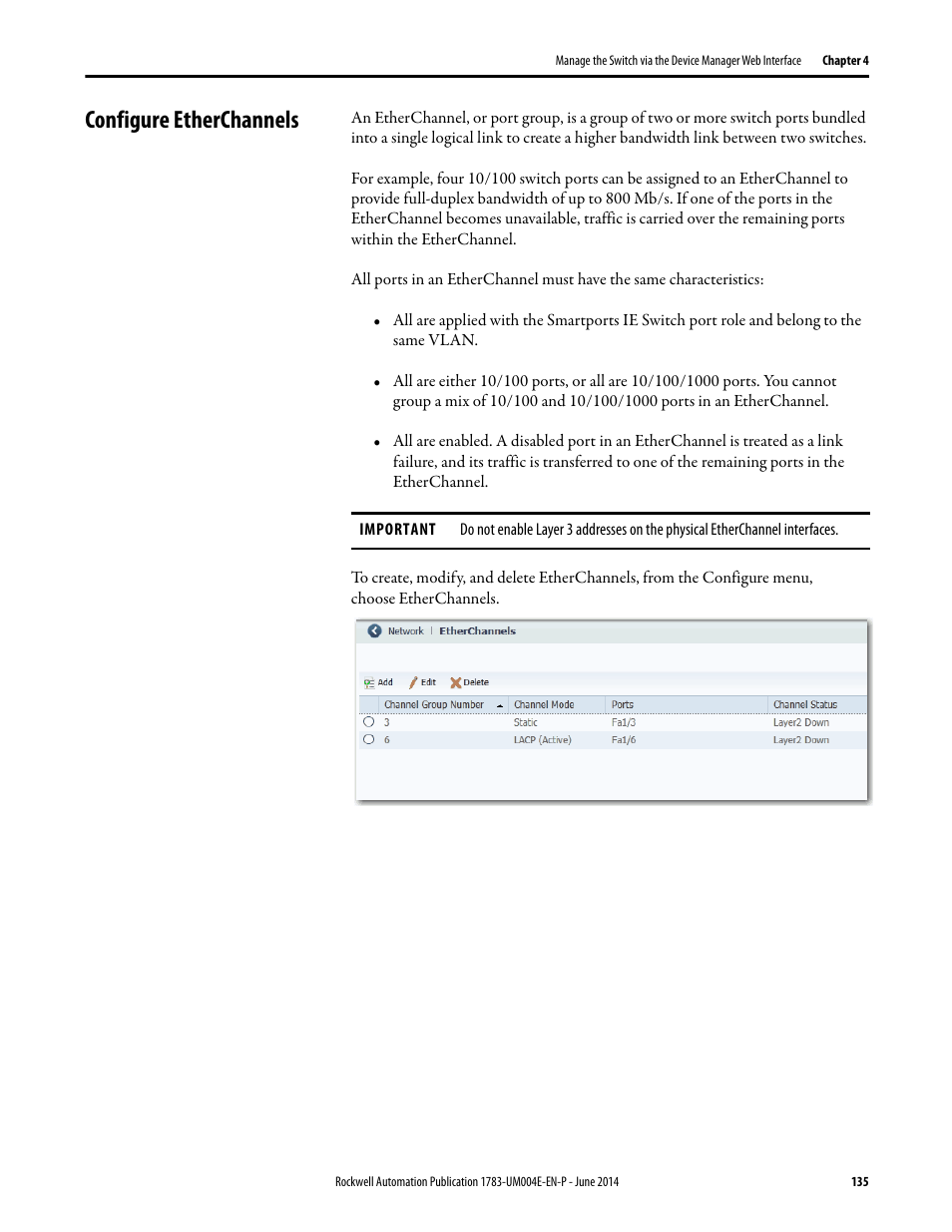 Configure etherchannels | Rockwell Automation 1783-BMxxx Stratix 5700 Ethernet Managed Switches User Manual User Manual | Page 135 / 294