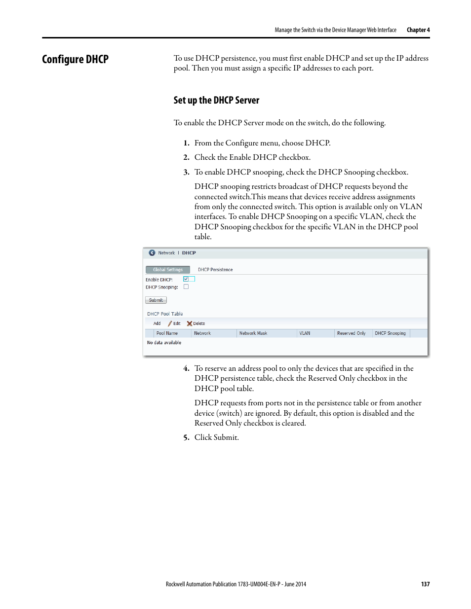 Configure dhcp, Set up the dhcp server | Rockwell Automation 1783-BMxxx Stratix 5700 Ethernet Managed Switches User Manual User Manual | Page 137 / 294