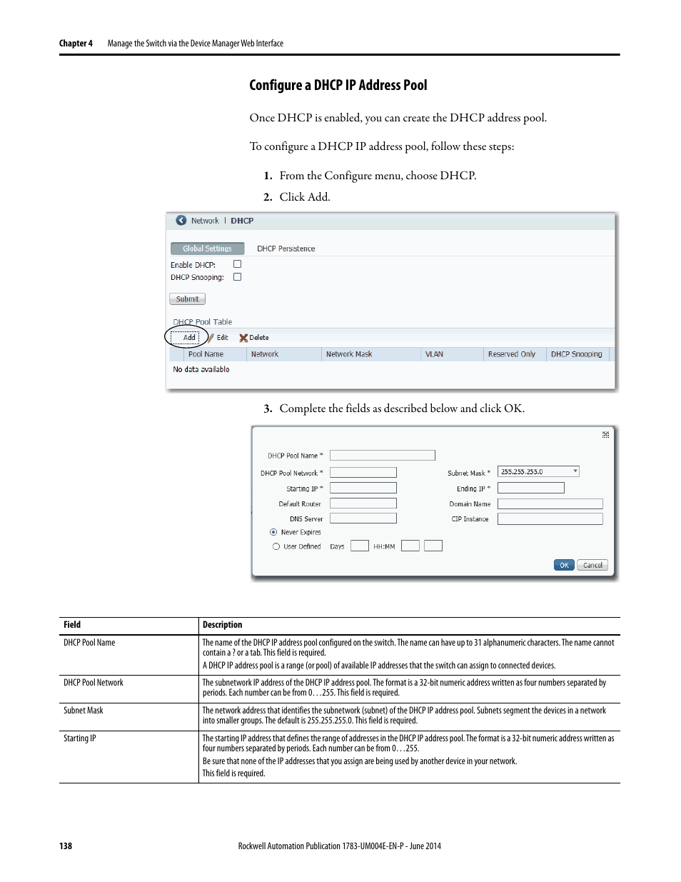 Configure a dhcp ip address pool | Rockwell Automation 1783-BMxxx Stratix 5700 Ethernet Managed Switches User Manual User Manual | Page 138 / 294