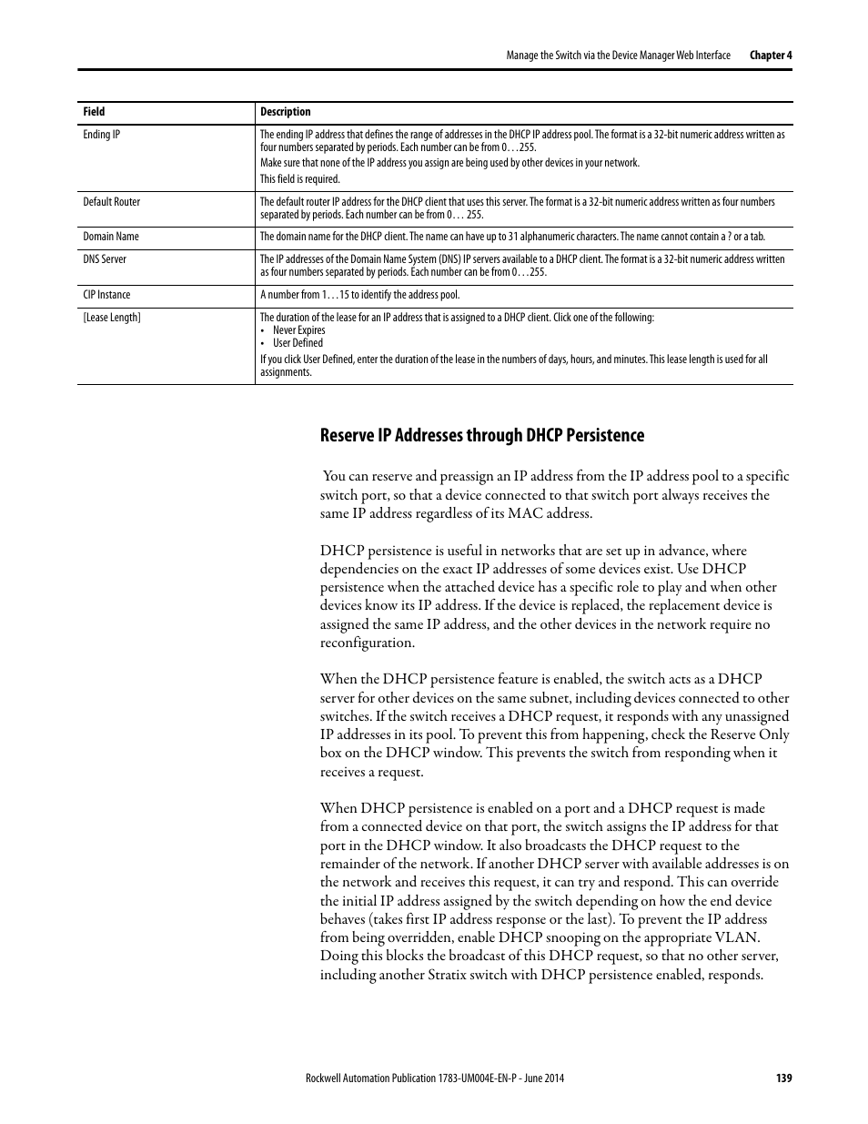 Reserve ip addresses through dhcp persistence | Rockwell Automation 1783-BMxxx Stratix 5700 Ethernet Managed Switches User Manual User Manual | Page 139 / 294