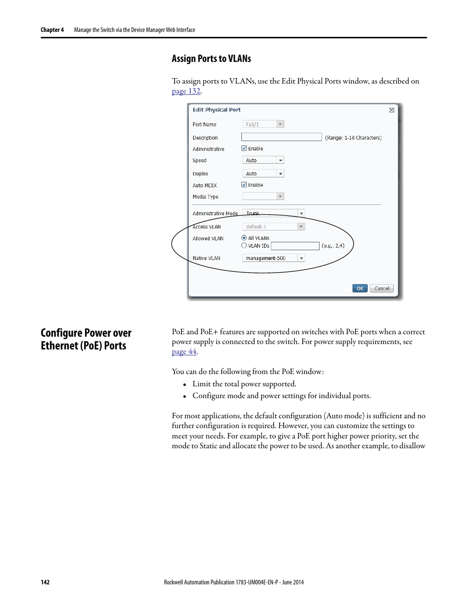 Assign ports to vlans, Configure power over ethernet (poe) ports | Rockwell Automation 1783-BMxxx Stratix 5700 Ethernet Managed Switches User Manual User Manual | Page 142 / 294