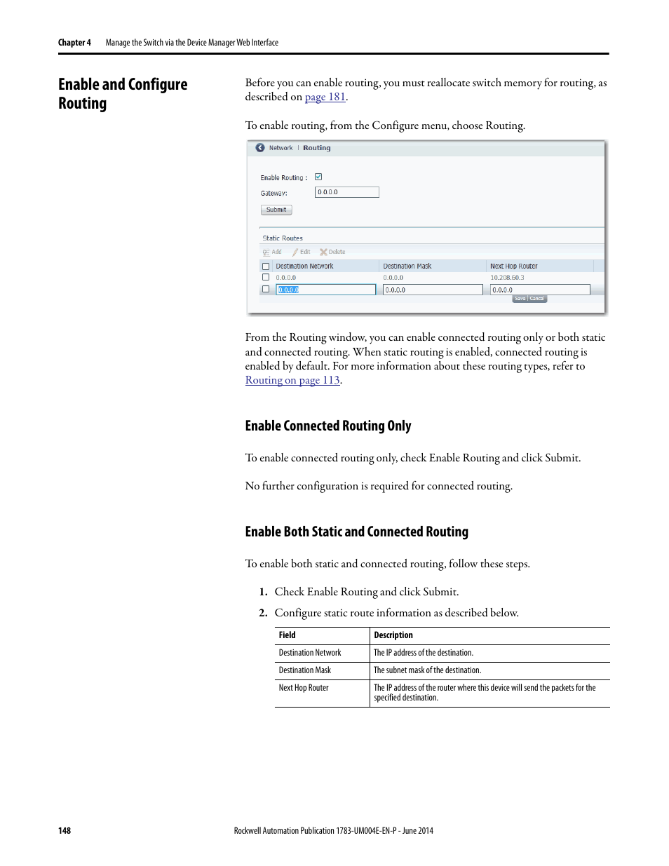 Enable and configure routing, Enable connected routing only, Enable both static and connected routing | Rockwell Automation 1783-BMxxx Stratix 5700 Ethernet Managed Switches User Manual User Manual | Page 148 / 294