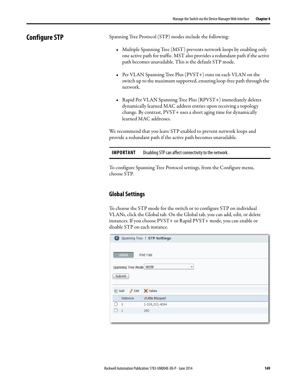 Configure stp, Global settings | Rockwell Automation 1783-BMxxx Stratix 5700 Ethernet Managed Switches User Manual User Manual | Page 149 / 294