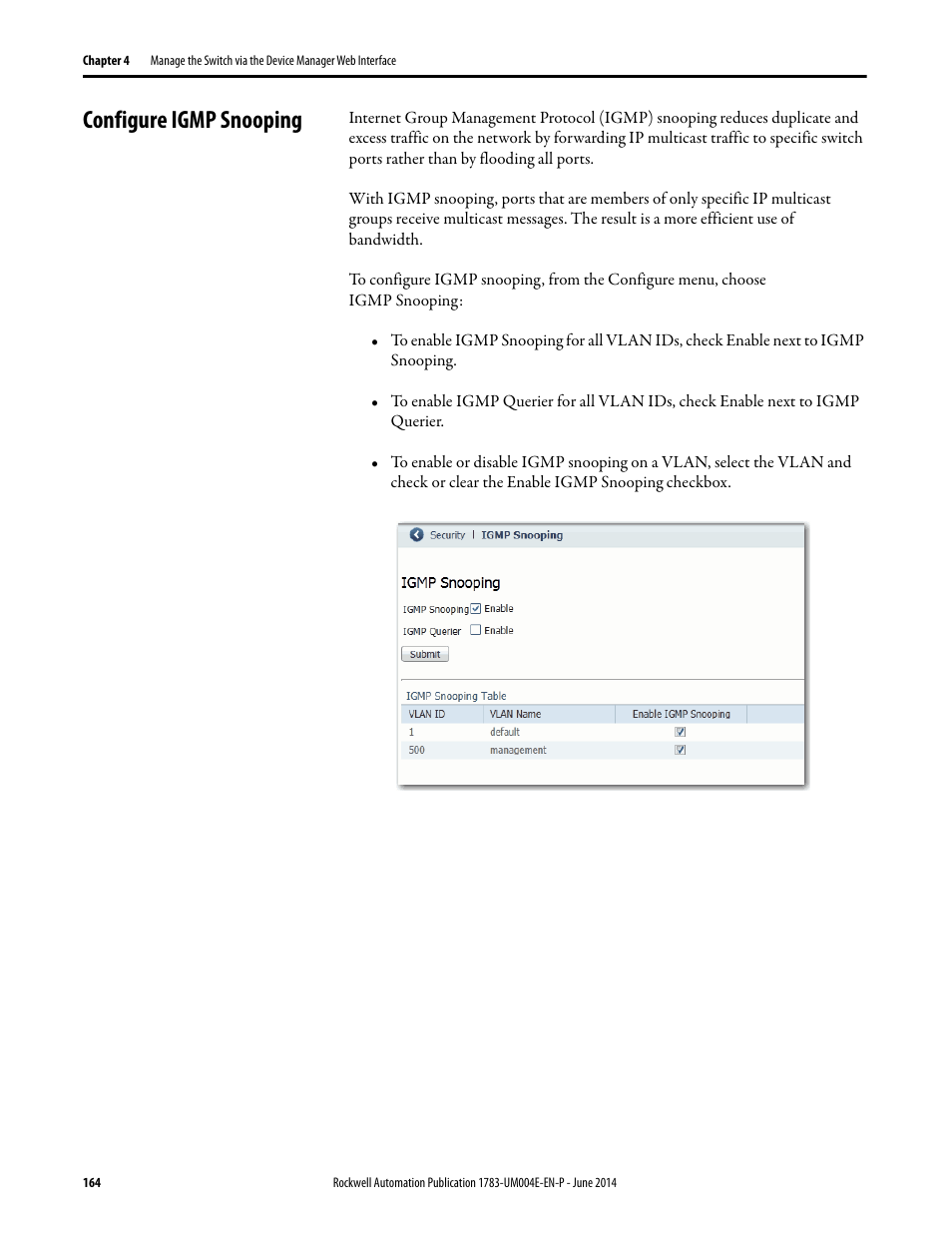 Configure igmp snooping | Rockwell Automation 1783-BMxxx Stratix 5700 Ethernet Managed Switches User Manual User Manual | Page 164 / 294