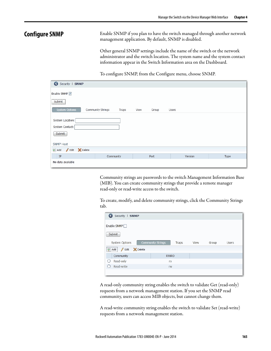 Configure snmp | Rockwell Automation 1783-BMxxx Stratix 5700 Ethernet Managed Switches User Manual User Manual | Page 165 / 294