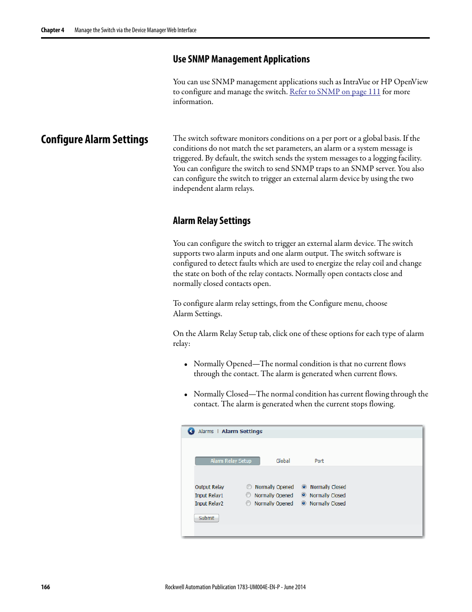 Use snmp management applications, Configure alarm settings, Alarm relay settings | Rockwell Automation 1783-BMxxx Stratix 5700 Ethernet Managed Switches User Manual User Manual | Page 166 / 294