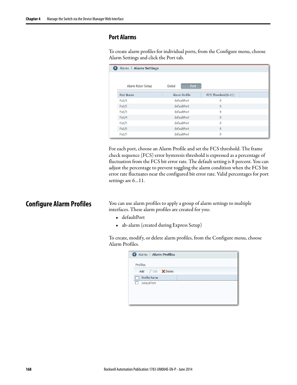 Port alarms, Configure alarm profiles | Rockwell Automation 1783-BMxxx Stratix 5700 Ethernet Managed Switches User Manual User Manual | Page 168 / 294