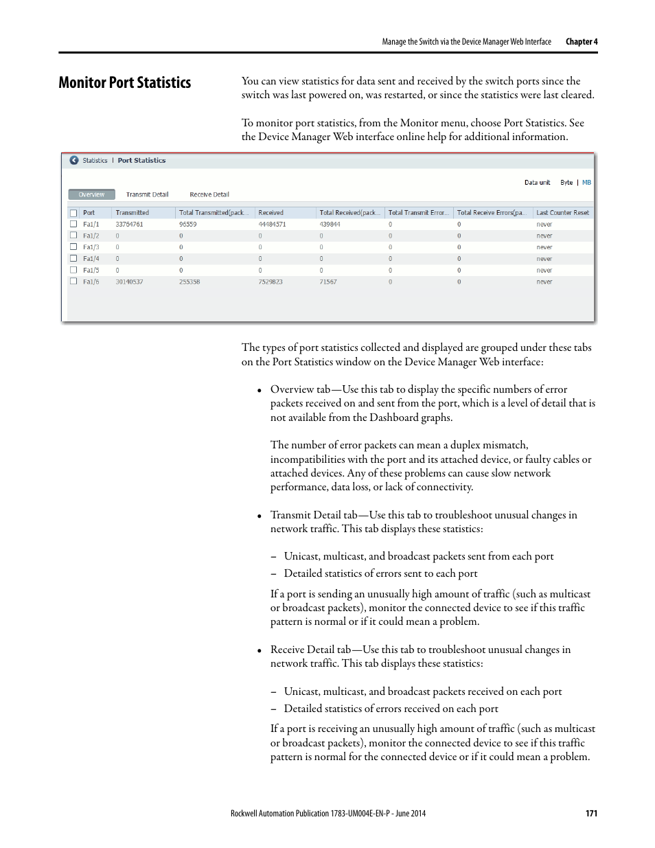 Monitor port statistics | Rockwell Automation 1783-BMxxx Stratix 5700 Ethernet Managed Switches User Manual User Manual | Page 171 / 294