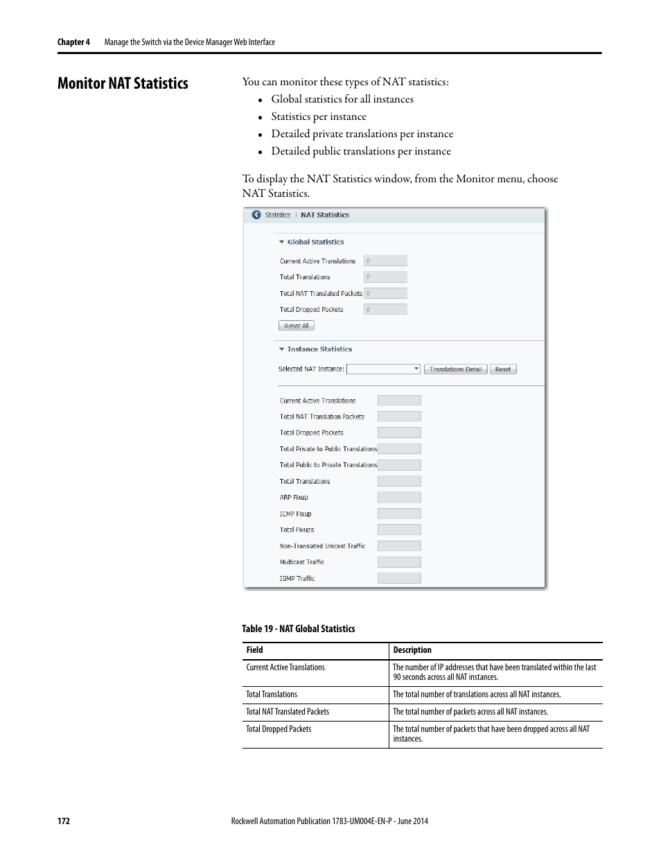 Monitor nat statistics | Rockwell Automation 1783-BMxxx Stratix 5700 Ethernet Managed Switches User Manual User Manual | Page 172 / 294