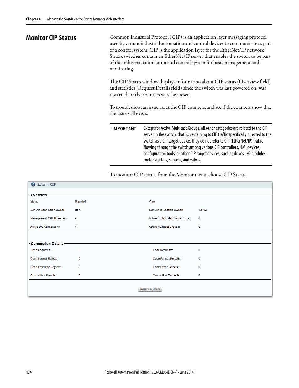 Monitor cip status | Rockwell Automation 1783-BMxxx Stratix 5700 Ethernet Managed Switches User Manual User Manual | Page 174 / 294