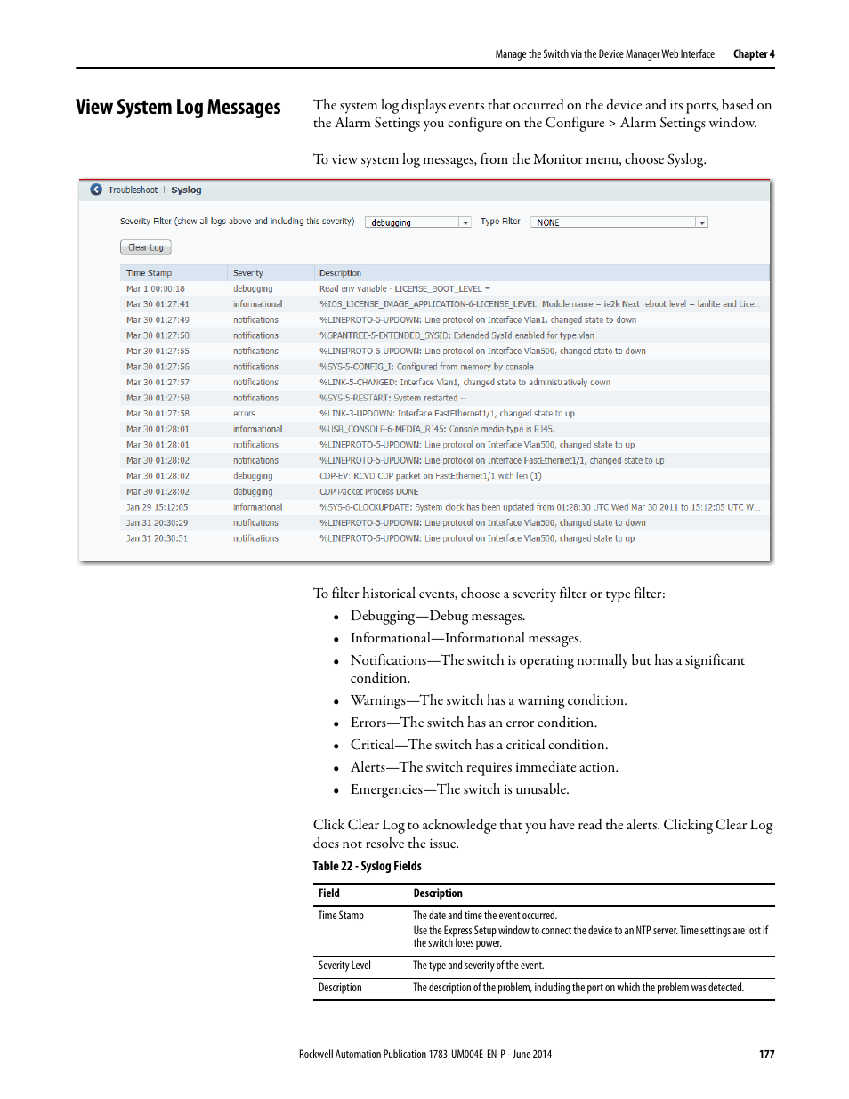 View system log messages | Rockwell Automation 1783-BMxxx Stratix 5700 Ethernet Managed Switches User Manual User Manual | Page 177 / 294