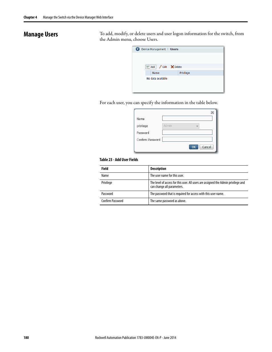 Manage users | Rockwell Automation 1783-BMxxx Stratix 5700 Ethernet Managed Switches User Manual User Manual | Page 180 / 294