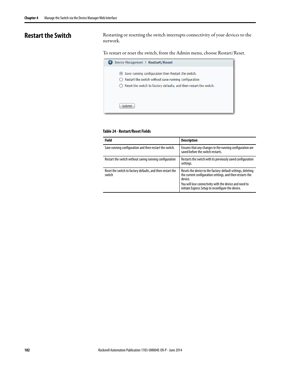 Restart the switch | Rockwell Automation 1783-BMxxx Stratix 5700 Ethernet Managed Switches User Manual User Manual | Page 182 / 294