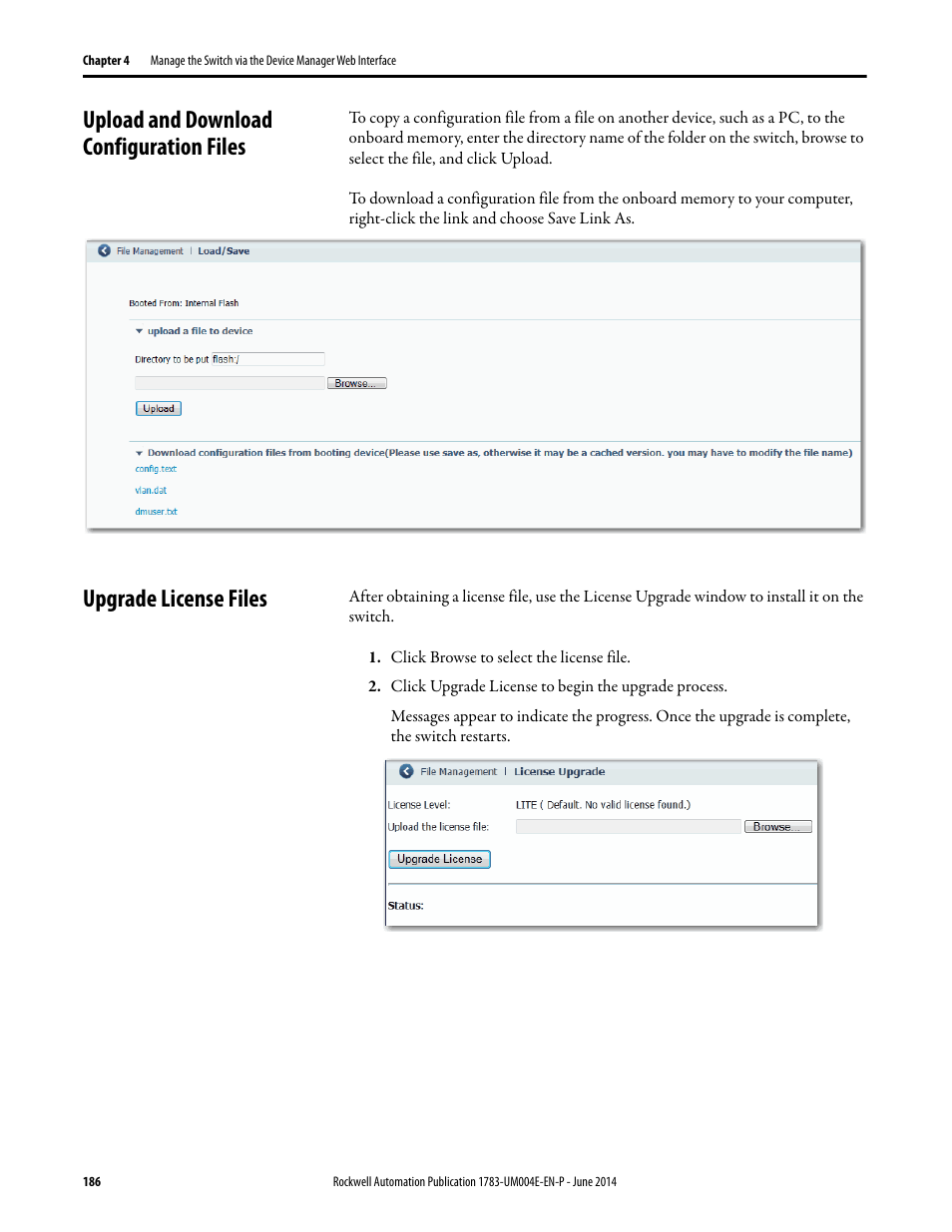 Upload and download configuration files, Upgrade license files | Rockwell Automation 1783-BMxxx Stratix 5700 Ethernet Managed Switches User Manual User Manual | Page 186 / 294