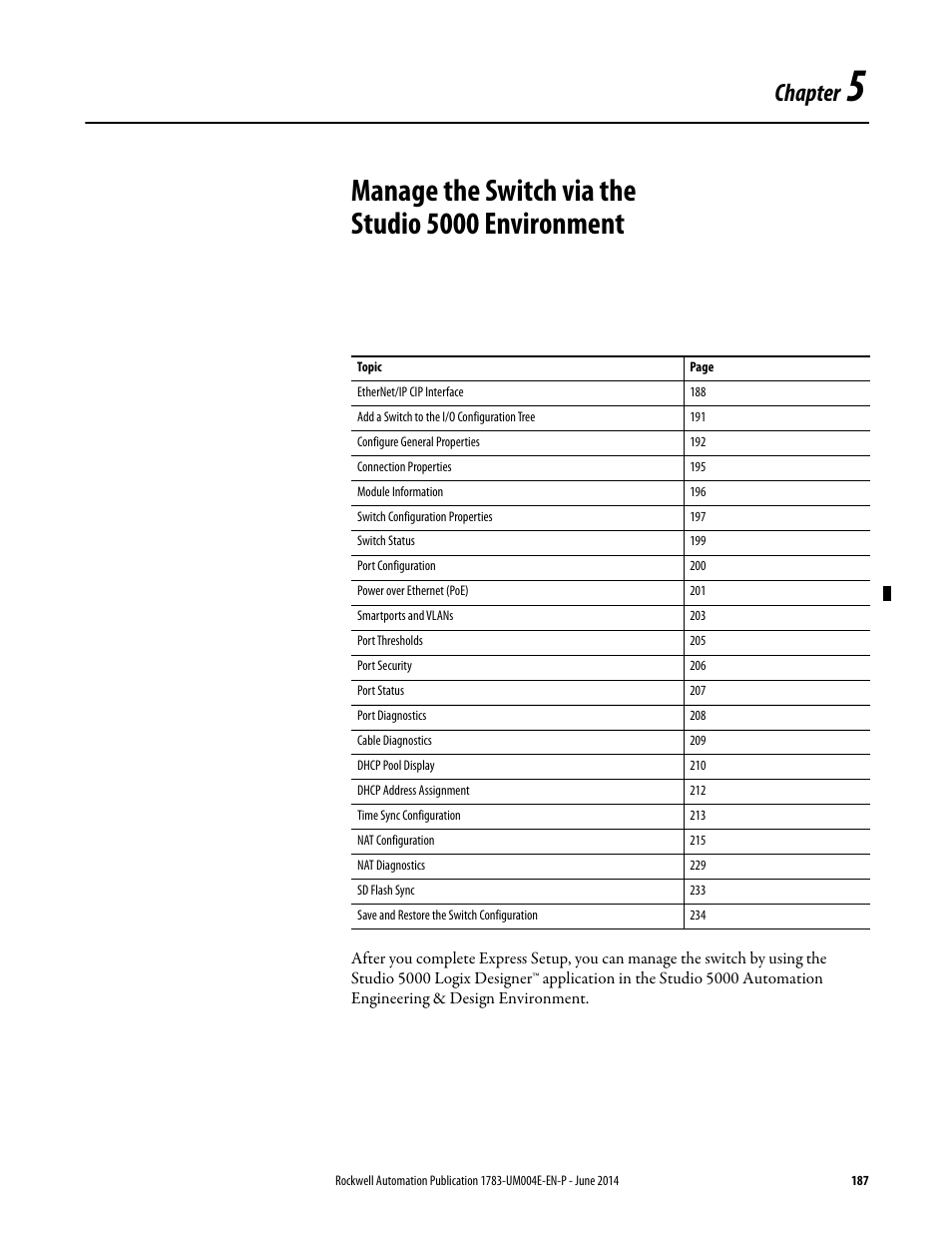 Chapter 5, Manage the switch via the studio 5000 environment, Chapter | Rockwell Automation 1783-BMxxx Stratix 5700 Ethernet Managed Switches User Manual User Manual | Page 187 / 294