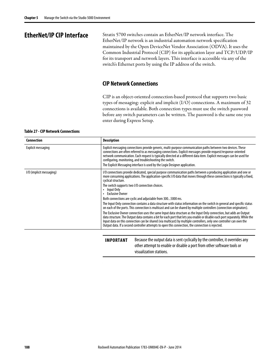 Ethernet/ip cip interface, Cip network connections | Rockwell Automation 1783-BMxxx Stratix 5700 Ethernet Managed Switches User Manual User Manual | Page 188 / 294