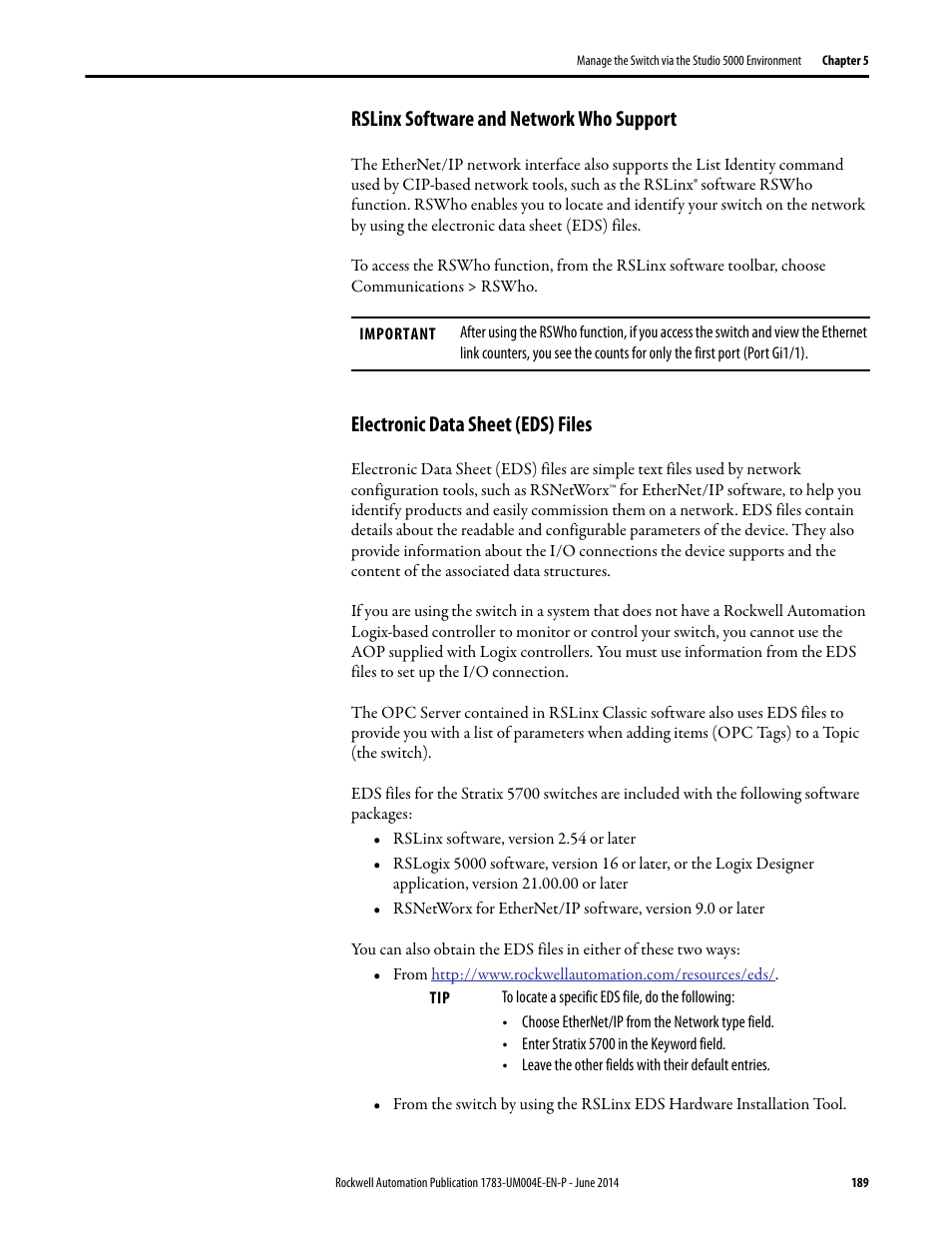 Rslinx software and network who support, Electronic data sheet (eds) files | Rockwell Automation 1783-BMxxx Stratix 5700 Ethernet Managed Switches User Manual User Manual | Page 189 / 294