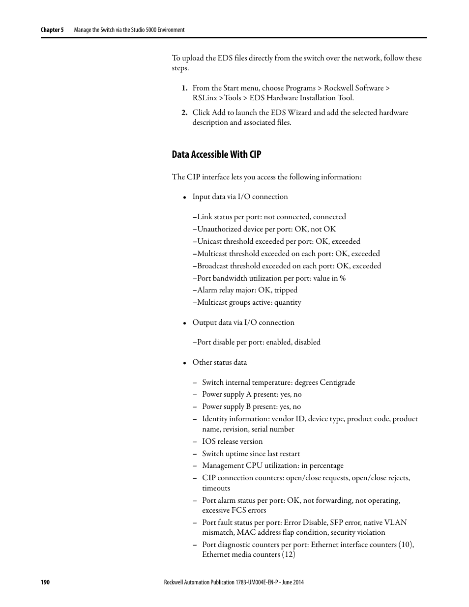 Data accessible with cip | Rockwell Automation 1783-BMxxx Stratix 5700 Ethernet Managed Switches User Manual User Manual | Page 190 / 294