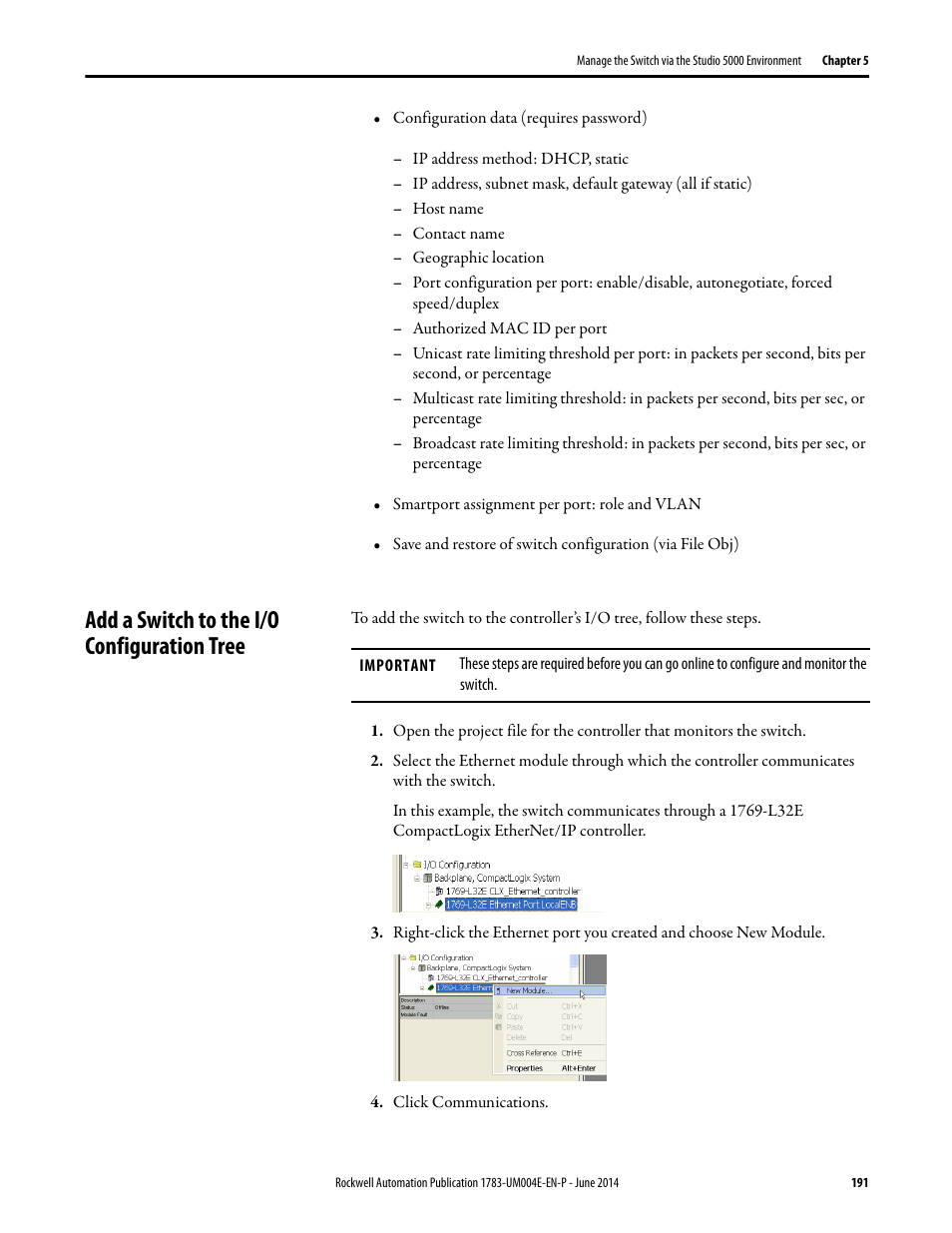 Add a switch to the i/o configuration tree | Rockwell Automation 1783-BMxxx Stratix 5700 Ethernet Managed Switches User Manual User Manual | Page 191 / 294