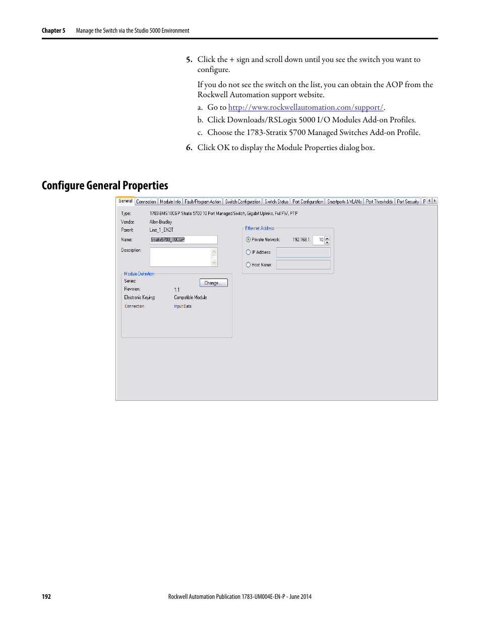 Configure general properties | Rockwell Automation 1783-BMxxx Stratix 5700 Ethernet Managed Switches User Manual User Manual | Page 192 / 294