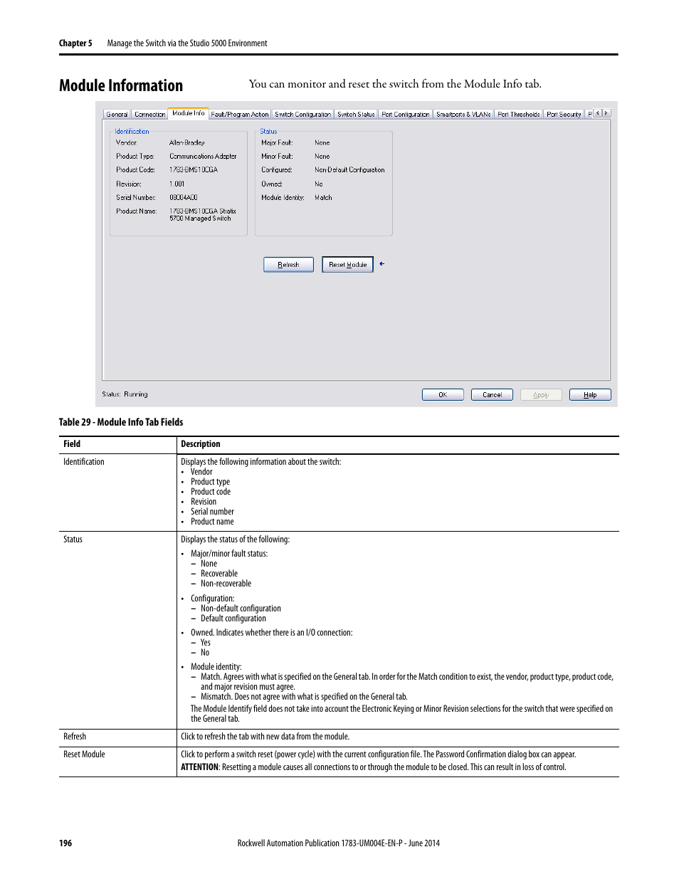 Module information | Rockwell Automation 1783-BMxxx Stratix 5700 Ethernet Managed Switches User Manual User Manual | Page 196 / 294