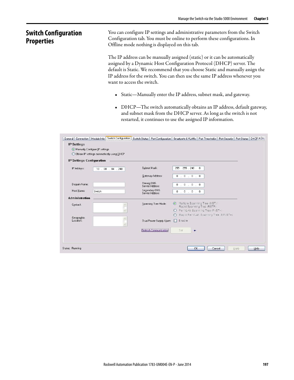 Switch configuration properties | Rockwell Automation 1783-BMxxx Stratix 5700 Ethernet Managed Switches User Manual User Manual | Page 197 / 294