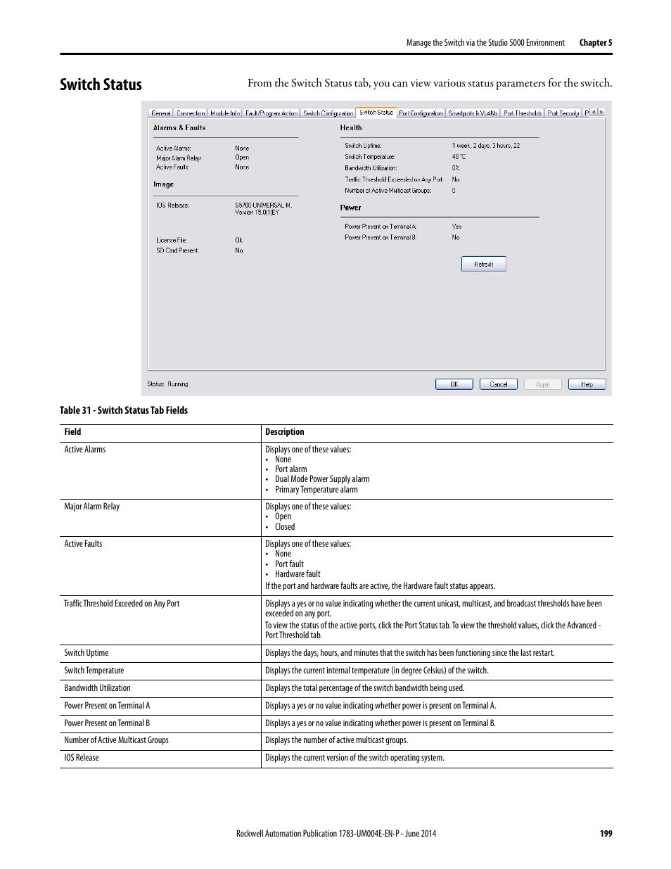 Switch status | Rockwell Automation 1783-BMxxx Stratix 5700 Ethernet Managed Switches User Manual User Manual | Page 199 / 294