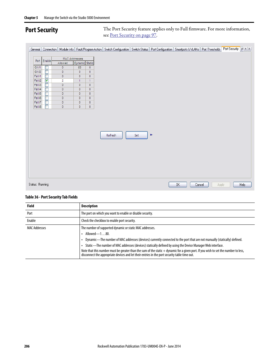 Port security | Rockwell Automation 1783-BMxxx Stratix 5700 Ethernet Managed Switches User Manual User Manual | Page 206 / 294