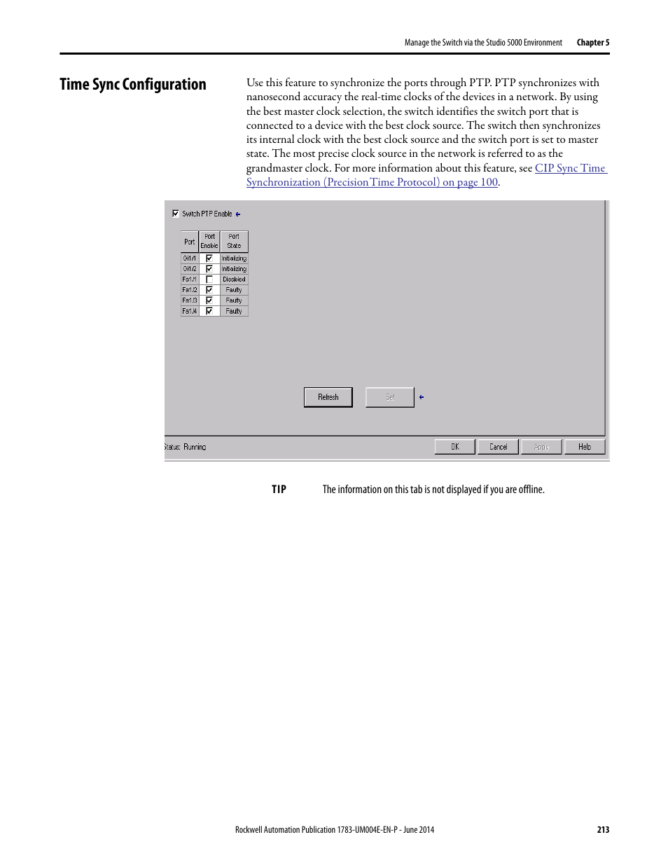 Time sync configuration | Rockwell Automation 1783-BMxxx Stratix 5700 Ethernet Managed Switches User Manual User Manual | Page 213 / 294