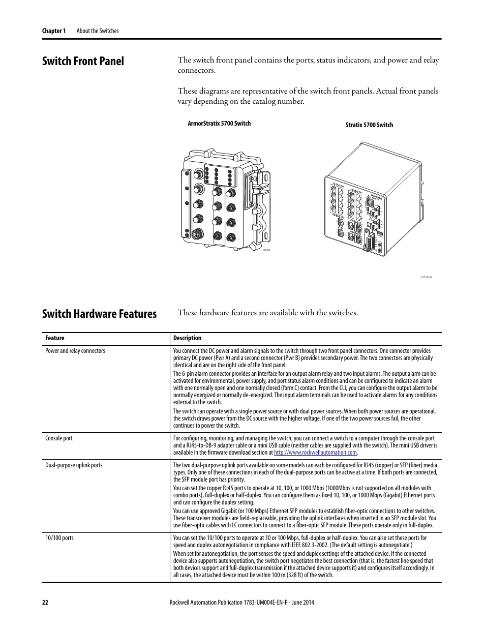 Switch front panel, Switch hardware features, Switch front panel switch hardware features | Rockwell Automation 1783-BMxxx Stratix 5700 Ethernet Managed Switches User Manual User Manual | Page 22 / 294