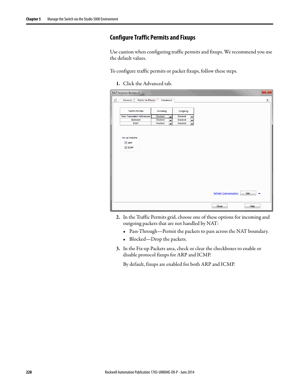 Configure traffic permits and fixups | Rockwell Automation 1783-BMxxx Stratix 5700 Ethernet Managed Switches User Manual User Manual | Page 228 / 294