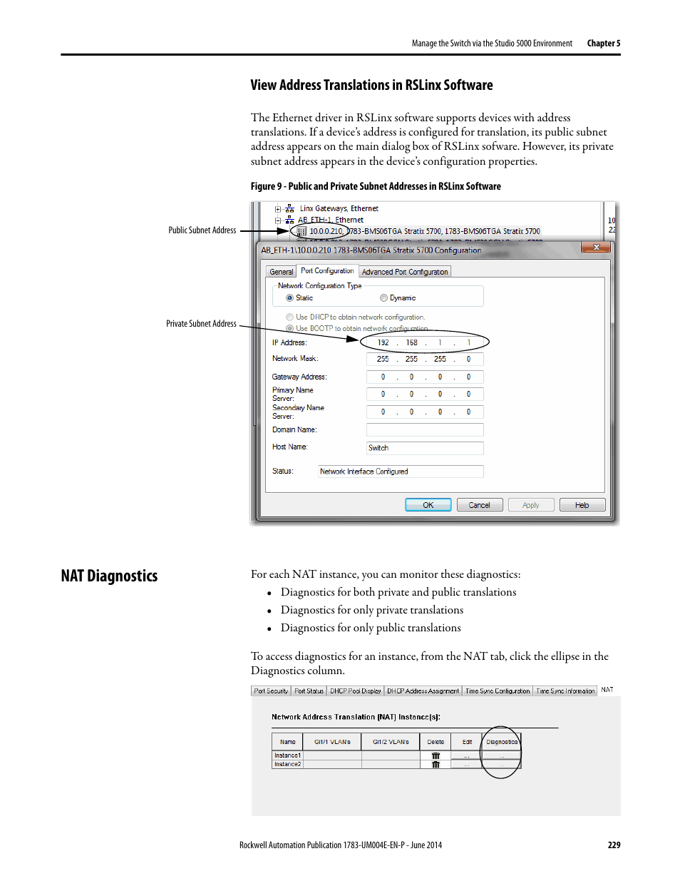 View address translations in rslinx software, Nat diagnostics | Rockwell Automation 1783-BMxxx Stratix 5700 Ethernet Managed Switches User Manual User Manual | Page 229 / 294