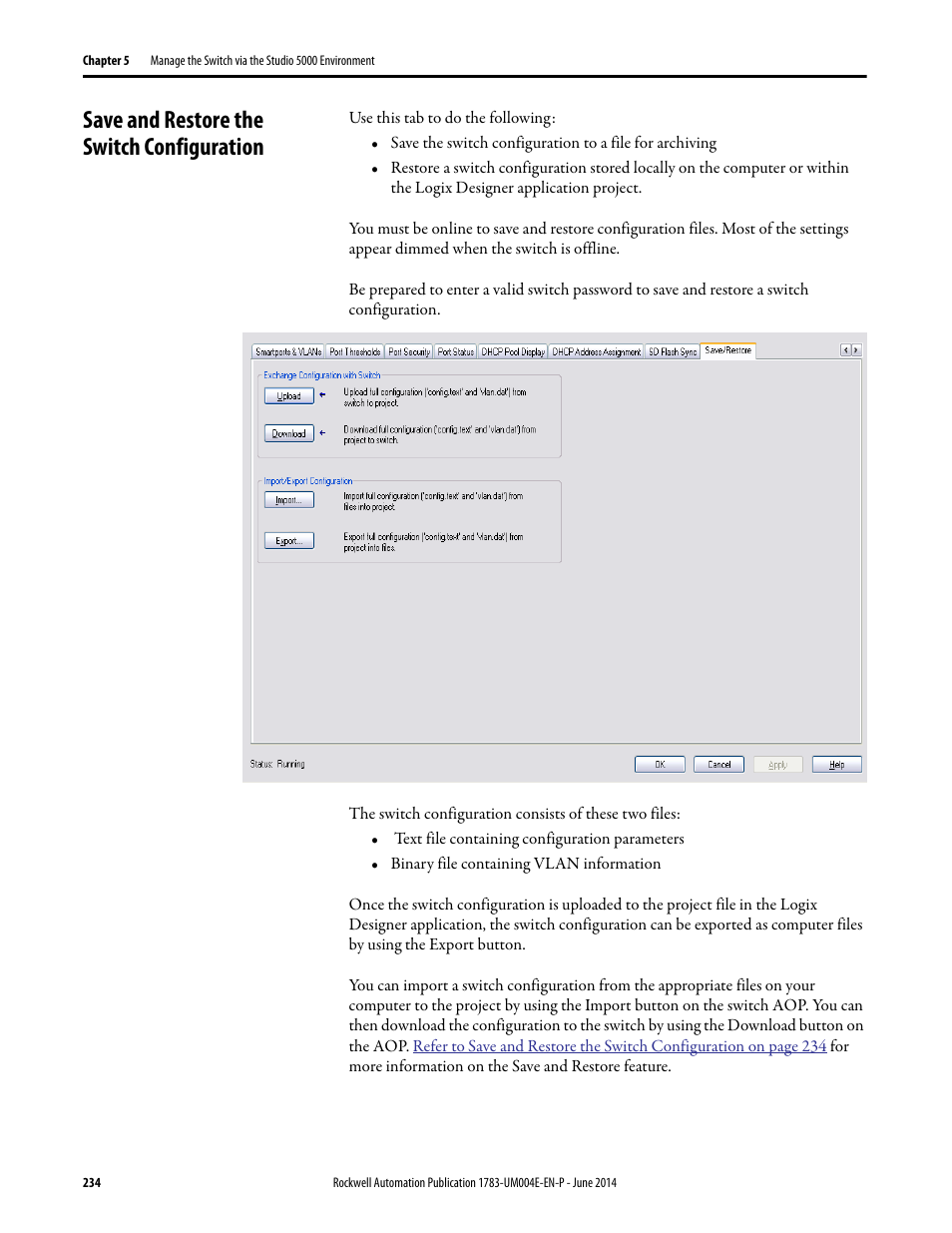Save and restore the switch configuration | Rockwell Automation 1783-BMxxx Stratix 5700 Ethernet Managed Switches User Manual User Manual | Page 234 / 294