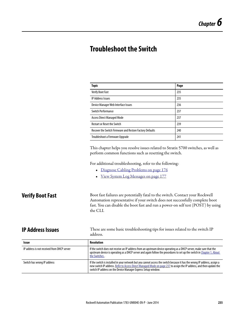 6 - troubleshoot the switch, Verify boot fast, Ip address issues | Chapter 6, Troubleshoot the switch, Verify boot fast ip address issues, Chapter | Rockwell Automation 1783-BMxxx Stratix 5700 Ethernet Managed Switches User Manual User Manual | Page 235 / 294