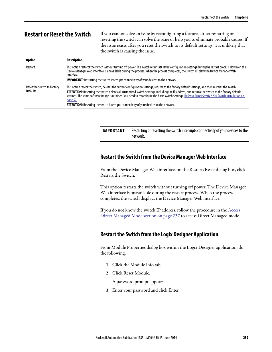 Restart or reset the switch | Rockwell Automation 1783-BMxxx Stratix 5700 Ethernet Managed Switches User Manual User Manual | Page 239 / 294