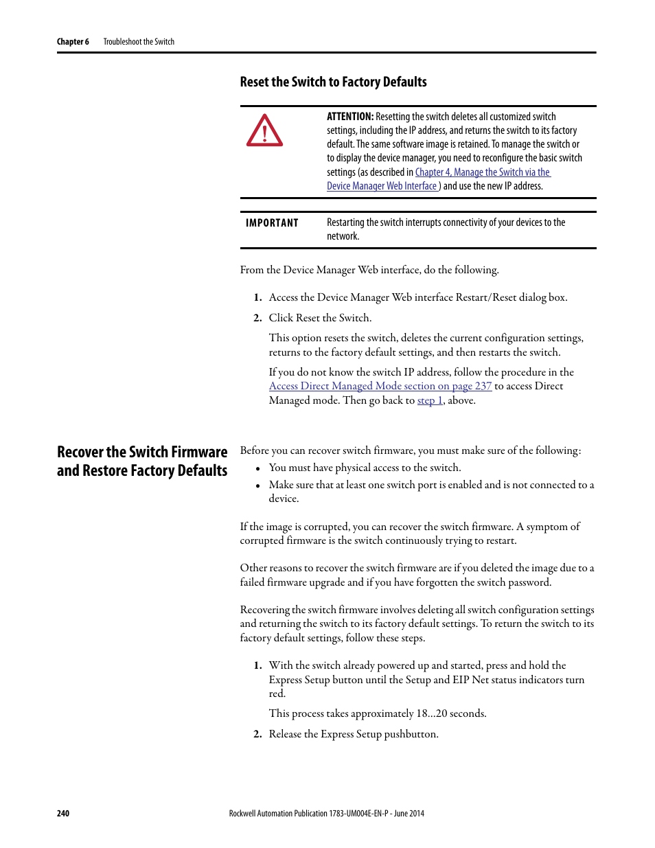 Reset the switch to factory defaults, E in the | Rockwell Automation 1783-BMxxx Stratix 5700 Ethernet Managed Switches User Manual User Manual | Page 240 / 294