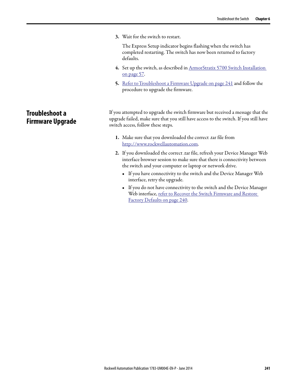 Troubleshoot a firmware upgrade | Rockwell Automation 1783-BMxxx Stratix 5700 Ethernet Managed Switches User Manual User Manual | Page 241 / 294