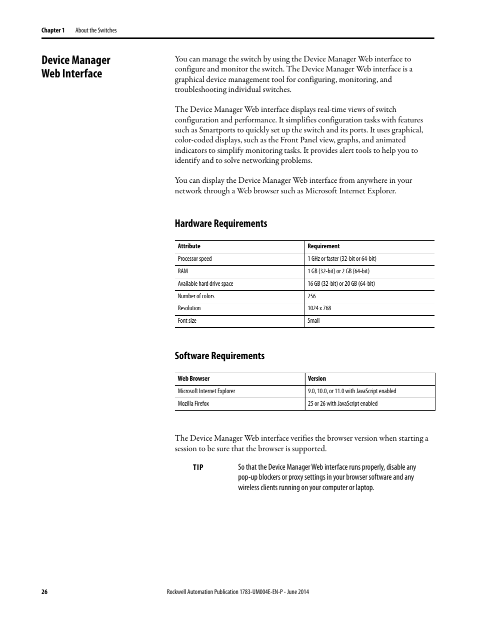 Device manager web interface, Hardware requirements, Software requirements | Hardware requirements software requirements | Rockwell Automation 1783-BMxxx Stratix 5700 Ethernet Managed Switches User Manual User Manual | Page 26 / 294