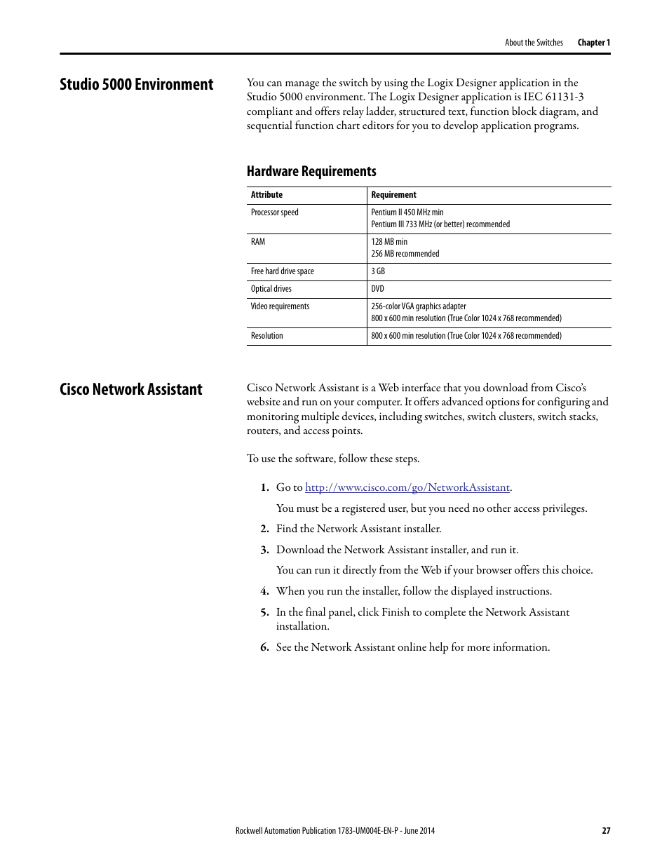 Studio 5000 environment, Hardware requirements, Cisco network assistant | Rockwell Automation 1783-BMxxx Stratix 5700 Ethernet Managed Switches User Manual User Manual | Page 27 / 294