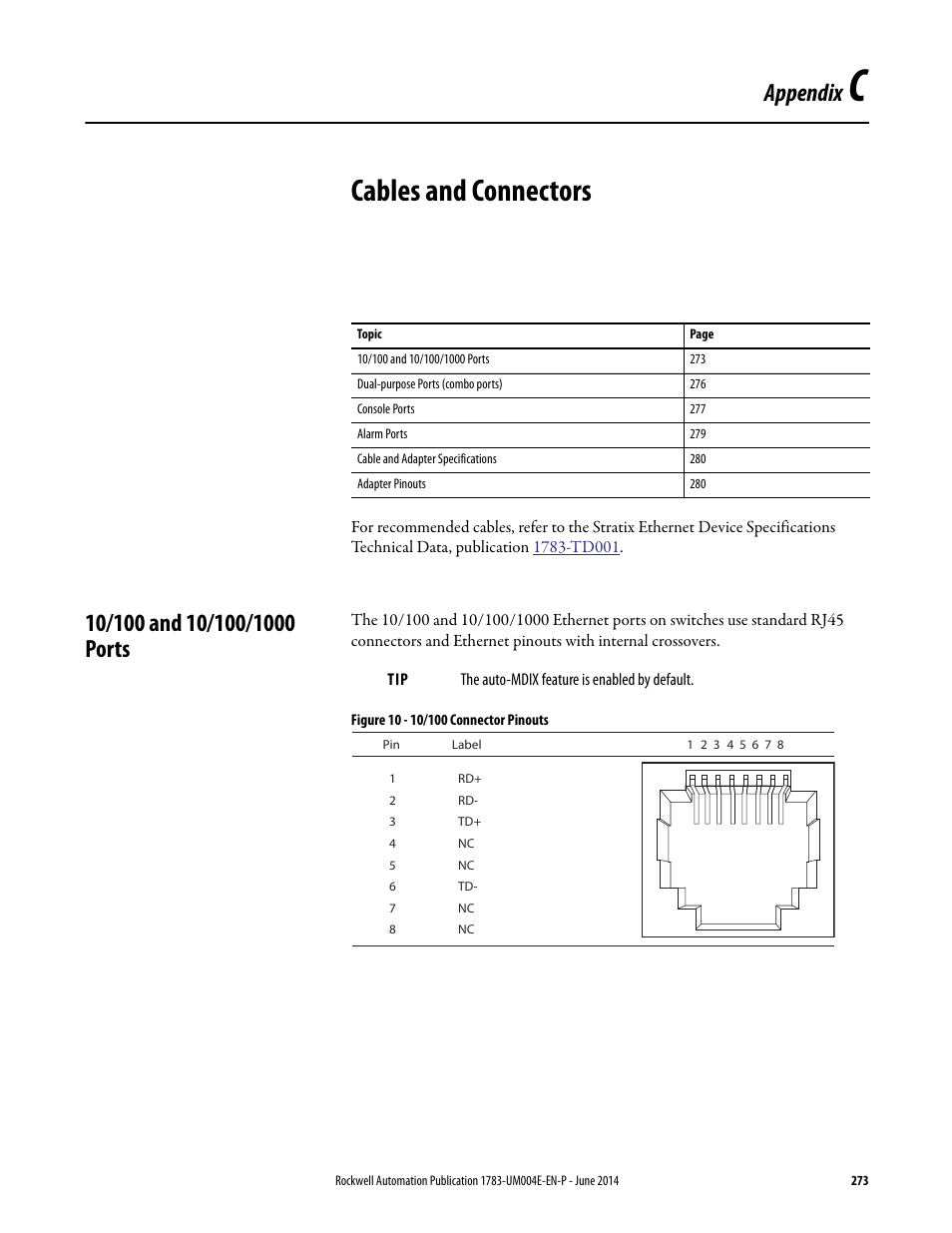 C - cables and connectors, 10/100 and 10/100/1000 ports, Appendix c | Cables and connectors, Appendix | Rockwell Automation 1783-BMxxx Stratix 5700 Ethernet Managed Switches User Manual User Manual | Page 273 / 294