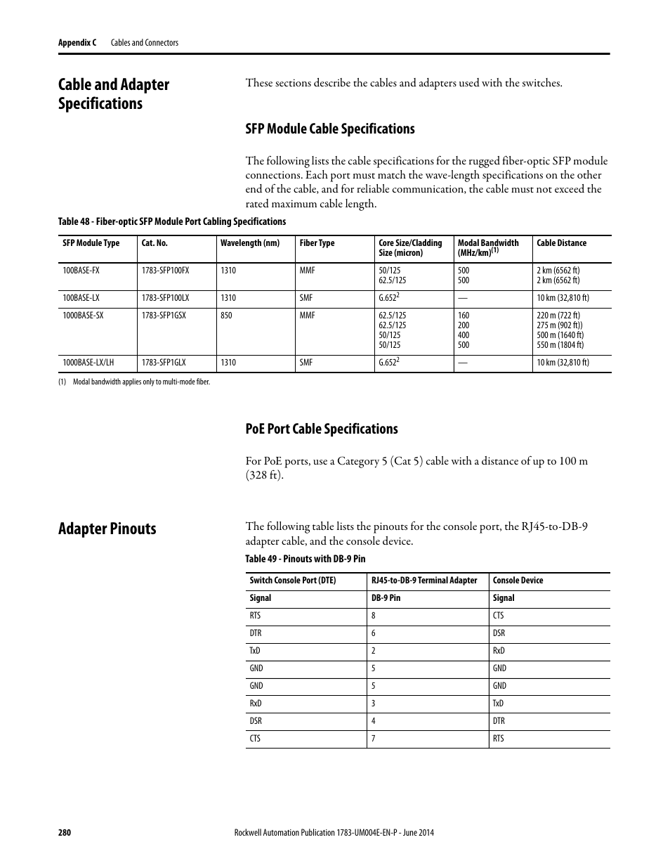 Cable and adapter specifications, Sfp module cable specifications, Poe port cable specifications | Adapter pinouts | Rockwell Automation 1783-BMxxx Stratix 5700 Ethernet Managed Switches User Manual User Manual | Page 280 / 294