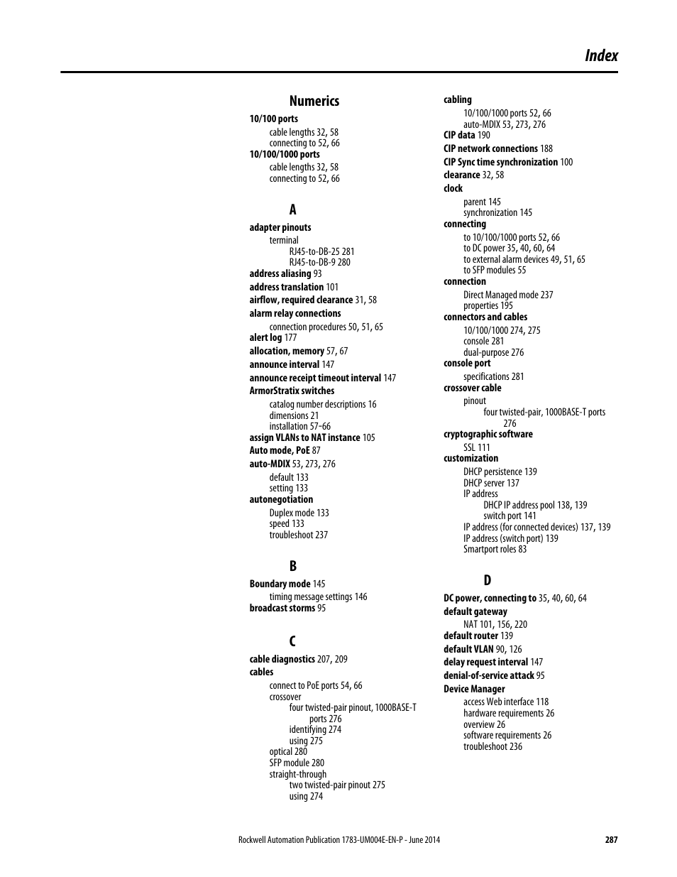 Index, Numerics | Rockwell Automation 1783-BMxxx Stratix 5700 Ethernet Managed Switches User Manual User Manual | Page 287 / 294