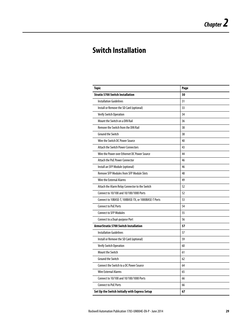 2 - switch installation, Chapter 2, Switch installation | Chapter | Rockwell Automation 1783-BMxxx Stratix 5700 Ethernet Managed Switches User Manual User Manual | Page 29 / 294