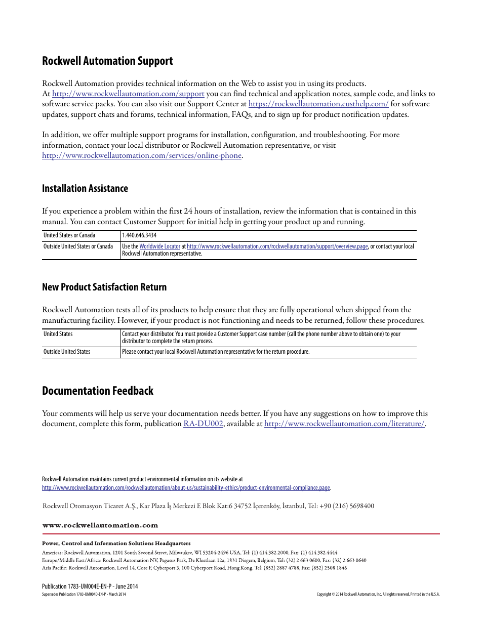 Back cover, Rockwell automation support, Documentation feedback | Installation assistance, New product satisfaction return | Rockwell Automation 1783-BMxxx Stratix 5700 Ethernet Managed Switches User Manual User Manual | Page 294 / 294