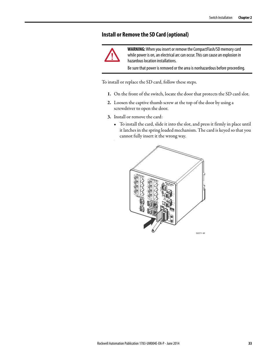 Install or remove the sd card (optional) | Rockwell Automation 1783-BMxxx Stratix 5700 Ethernet Managed Switches User Manual User Manual | Page 33 / 294