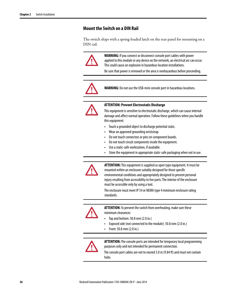 Mount the switch on a din rail | Rockwell Automation 1783-BMxxx Stratix 5700 Ethernet Managed Switches User Manual User Manual | Page 36 / 294