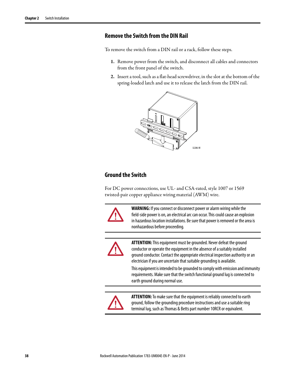 Remove the switch from the din rail, Ground the switch | Rockwell Automation 1783-BMxxx Stratix 5700 Ethernet Managed Switches User Manual User Manual | Page 38 / 294