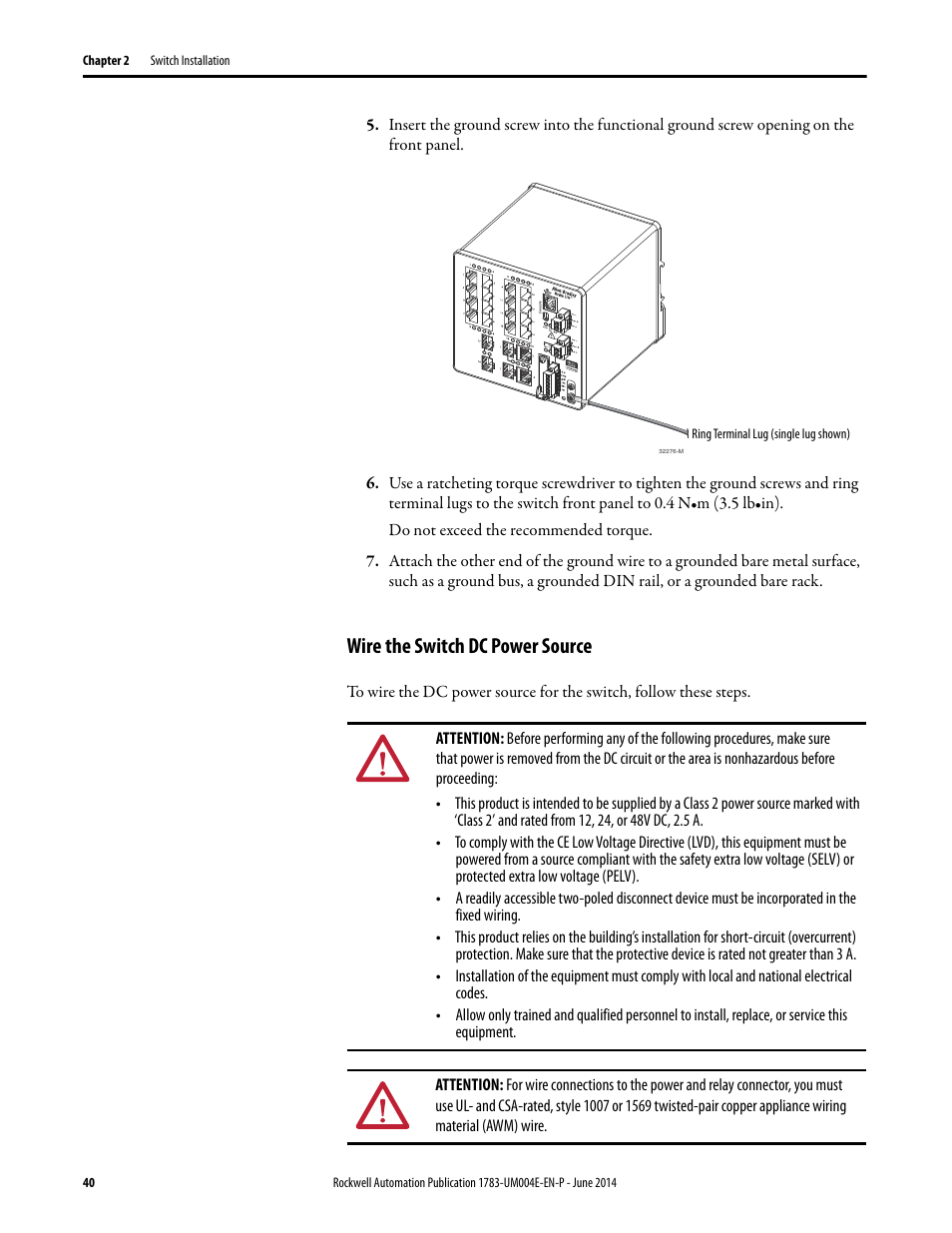 Wire the switch dc power source | Rockwell Automation 1783-BMxxx Stratix 5700 Ethernet Managed Switches User Manual User Manual | Page 40 / 294