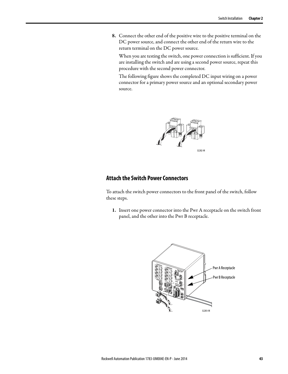 Attach the switch power connectors | Rockwell Automation 1783-BMxxx Stratix 5700 Ethernet Managed Switches User Manual User Manual | Page 43 / 294